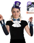 Person wearing a Mad Hatter costume with top hat headband, bow tie with ruffle collar, and arm cuffs on a white background.