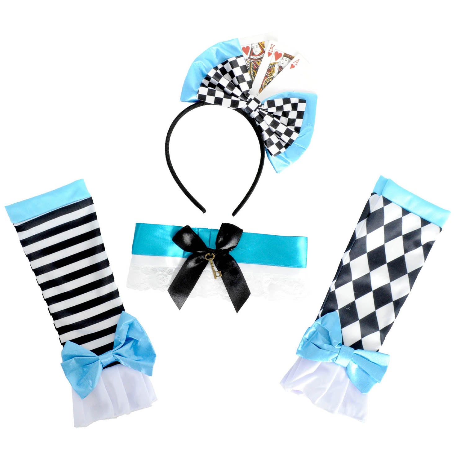 Set of Alice in Wonderland-themed headband, armbands, and collar on a white background