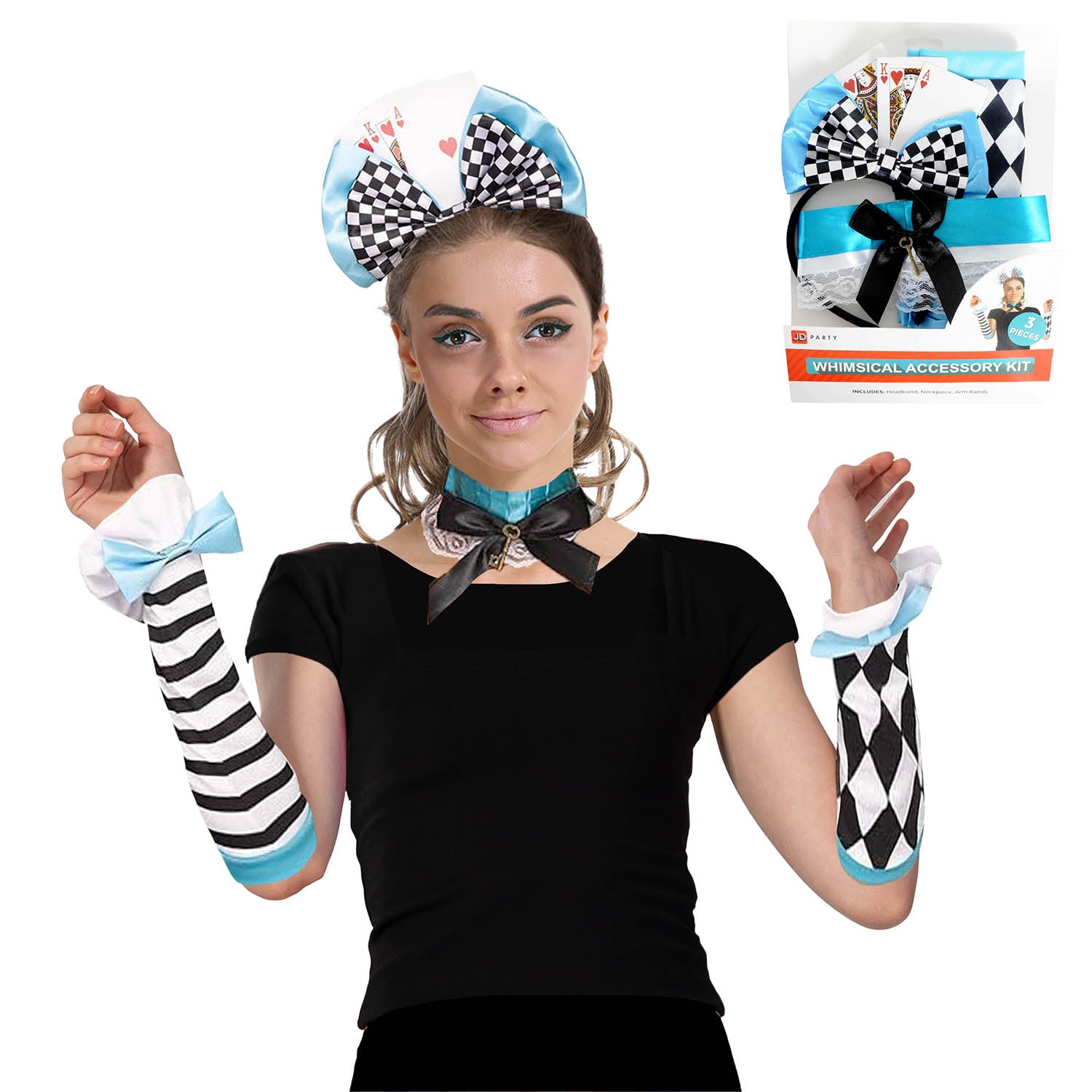 Person wearing a Wonderland costume with headband, arm sleeves, and choker, with a product packaging in the background.