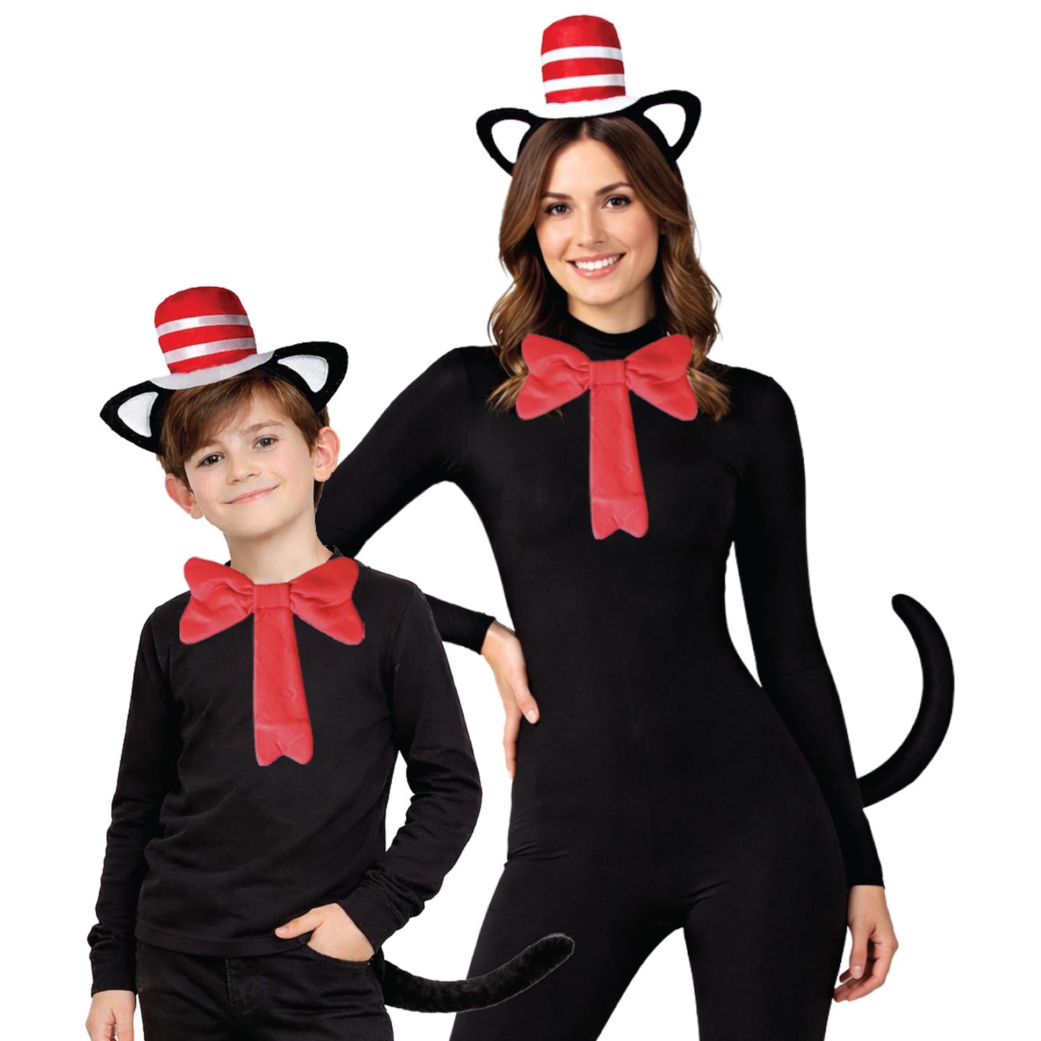 A woman and a boy wearing matching black cat costumes with red bow ties, black cat ears, and red-and-white striped hats against a plain white background.