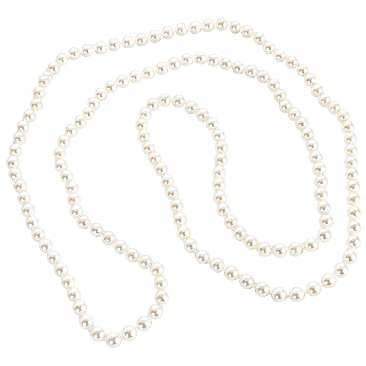 A strand of white freshwater pearls arranged in a loose spiral on a plain white background.