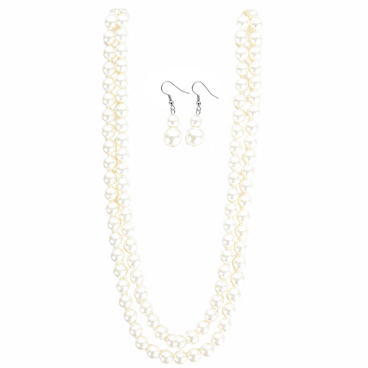 A pearl jewellery set featuring a pearl necklace and matching double-drop pearl earrings with silver fishhook wires, displayed on a clean white background.