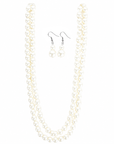 A pearl jewellery set featuring a pearl necklace and matching double-drop pearl earrings with silver fishhook wires, displayed on a clean white background.