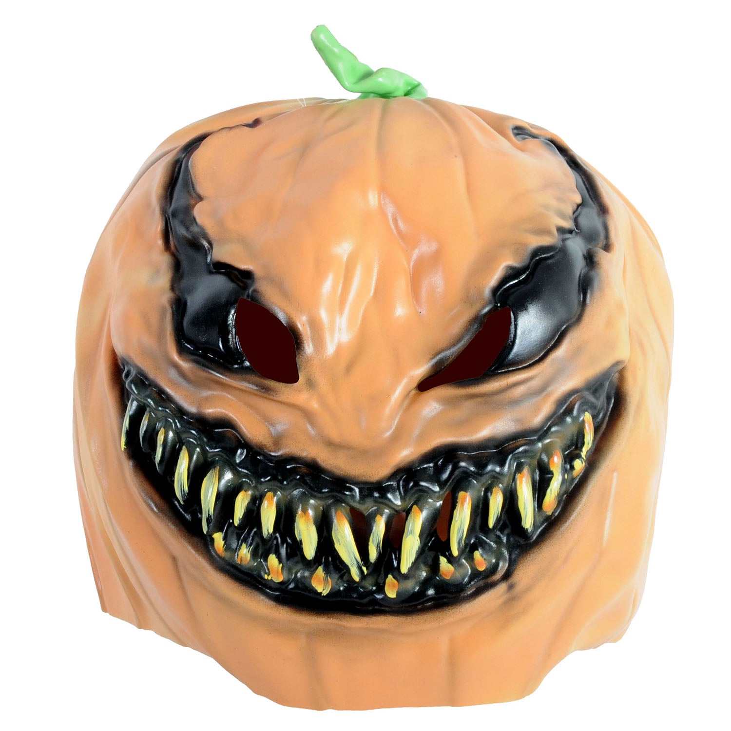 A scary, monstrous jack-o'-lantern pumpkin latex mask with a wide, toothy grin, blackened details, and a small green stem on a plain white background.