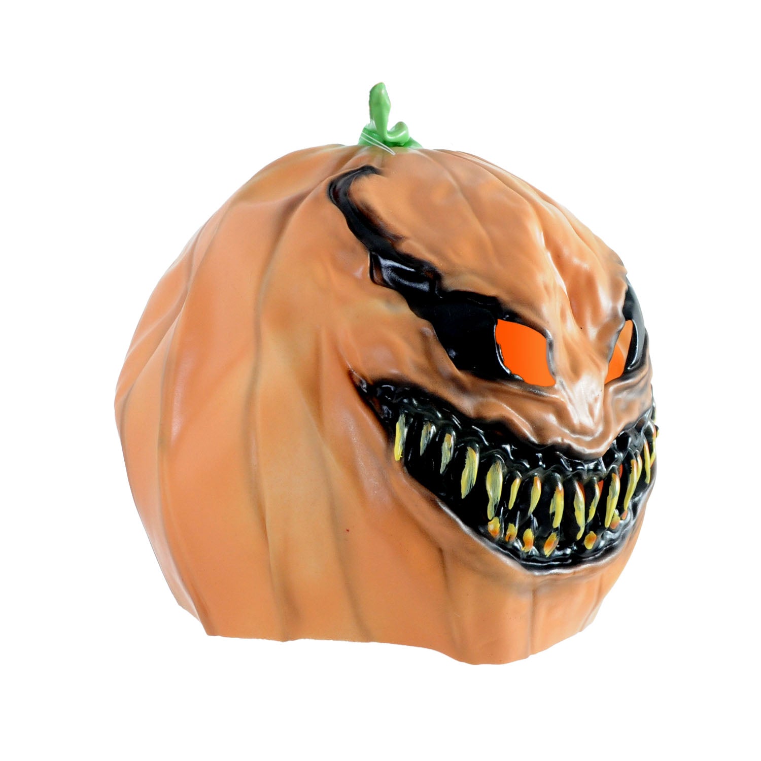 A novelty Halloween pumpkin mask with a menacing, wide grin, glowing orange eyes, and sharp yellow teeth, featuring a small green stem on top, isolated on a white background.