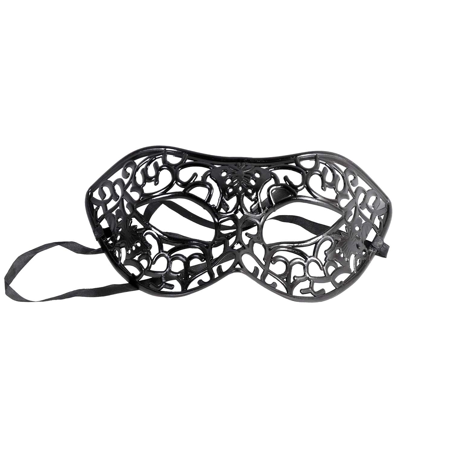 A black masquerade-style eye mask with an intricate openwork lace-like pattern and an attached black ribbon strap, shown on a plain white background.