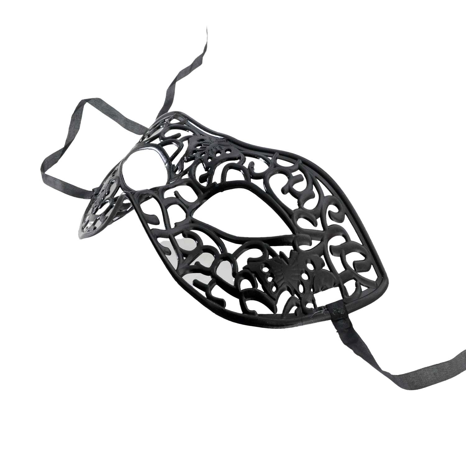 A black lace plastic masquerade mask with an intricate openwork filigree pattern, shown on a plain white background.