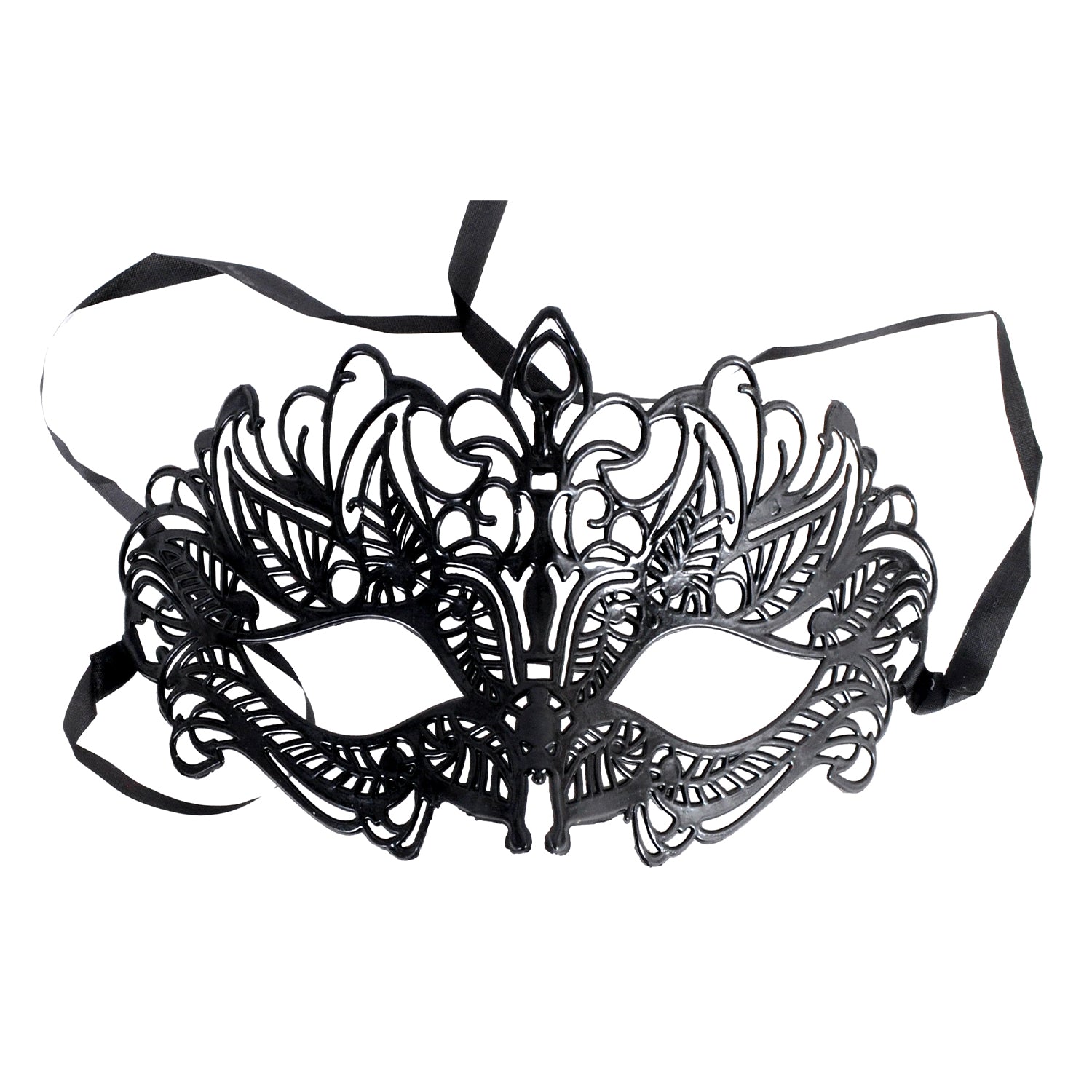 A black laser-cut masquerade mask with intricate scrollwork and eye cutouts, featuring attached black ribbons, shown against a plain white background.