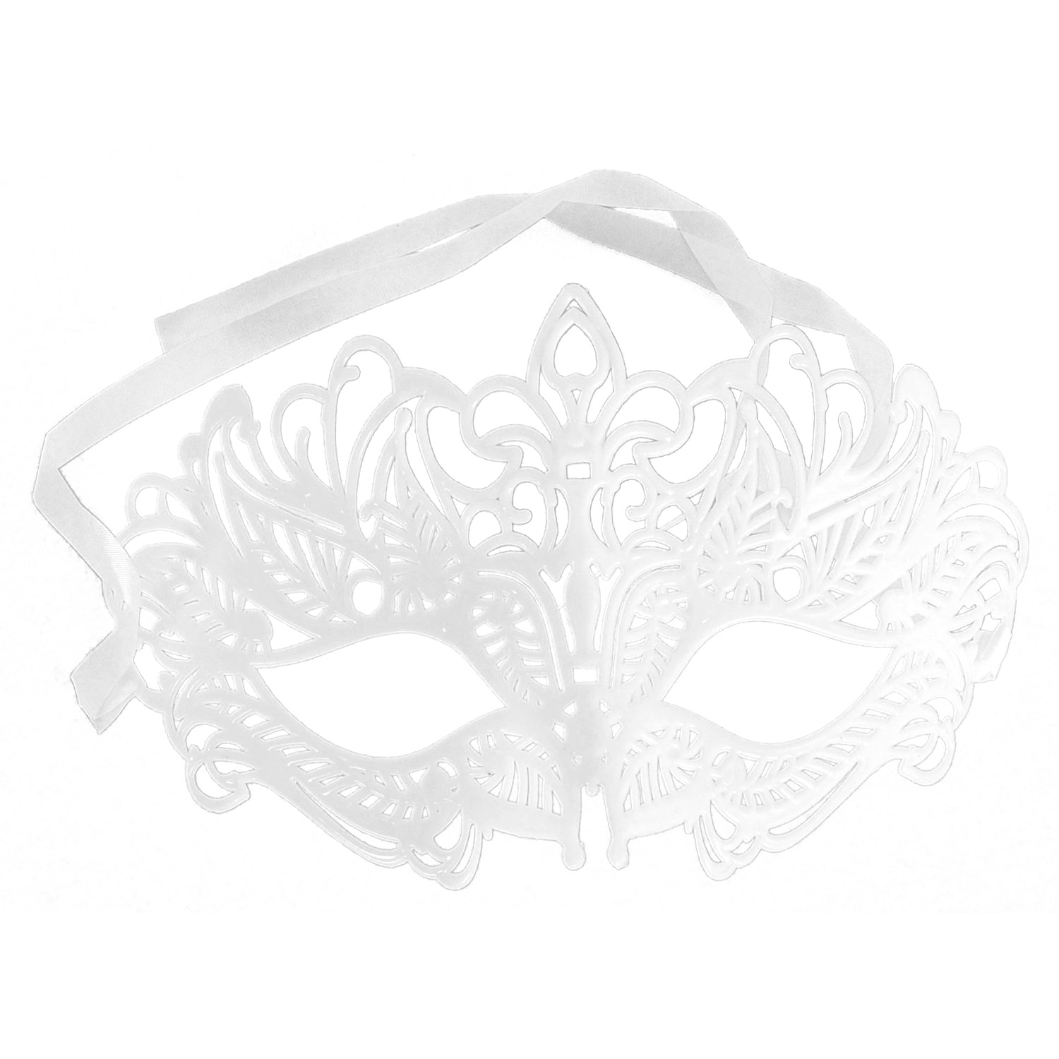 White laser-cut masquerade mask with an attached elastic strap, shown on a plain white background.