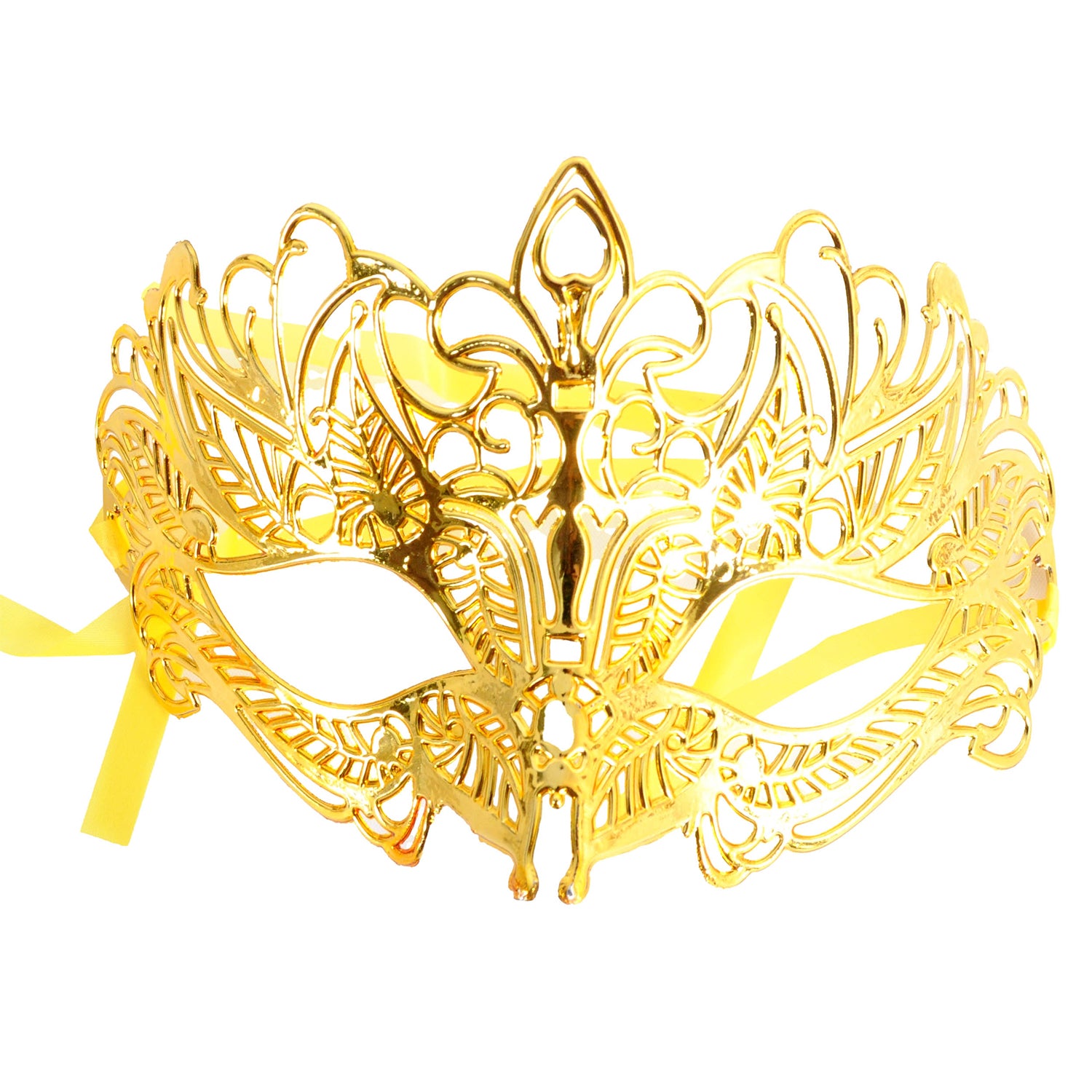 A gold metallic masquerade mask with intricate filigree cutouts and a matching yellow ribbon, shown against a plain white background.