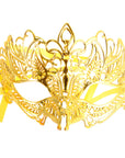A gold metallic masquerade mask with intricate filigree cutouts and a matching yellow ribbon, shown against a plain white background.