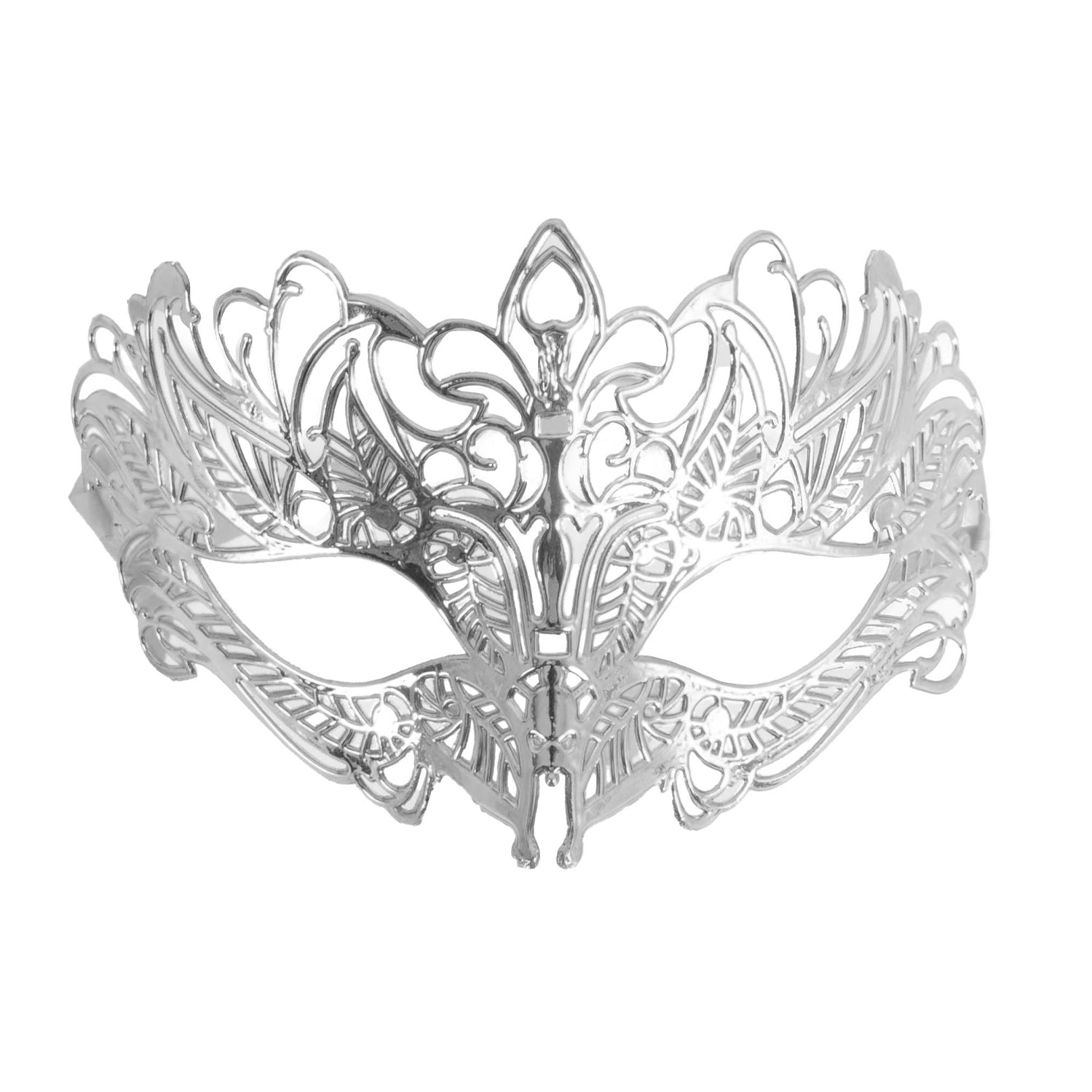 A silver metallic masquerade mask with intricate filigree and leaf-like cutout patterns, shown against a plain white background.