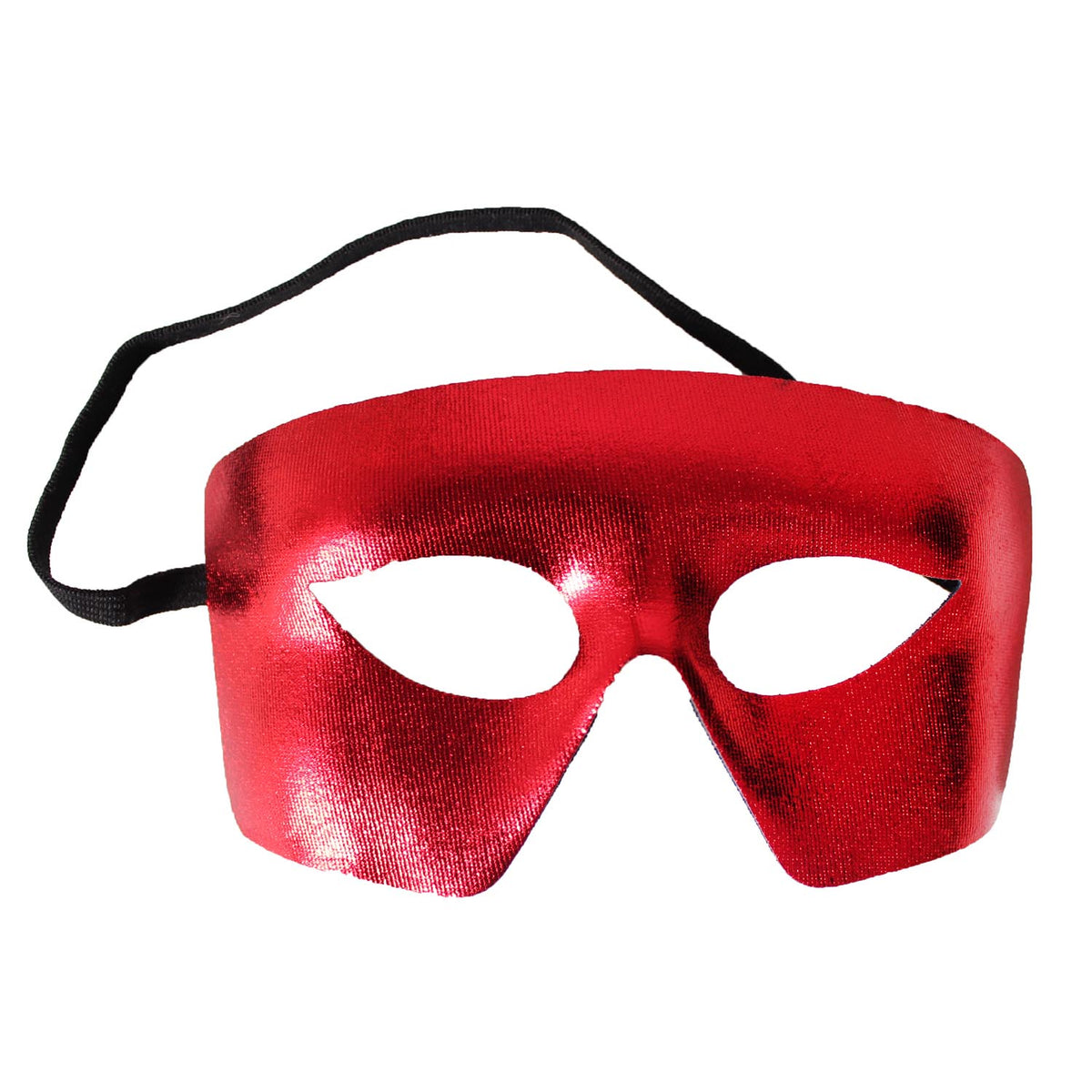 A shiny red masquerade mask with a black elastic strap, shown against a plain white background.