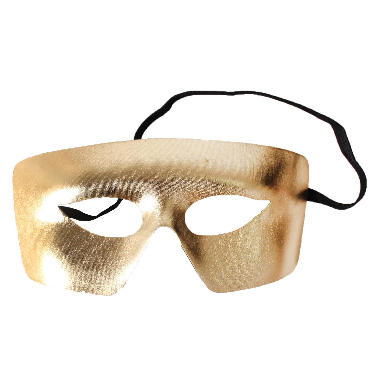 A metallic gold masquerade mask with a black elastic strap, shown against a plain white background.