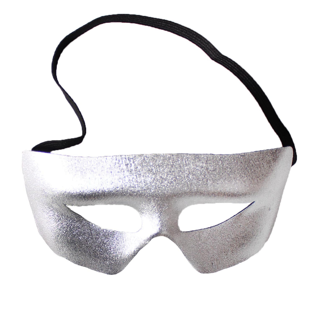 A silver metallic masquerade mask with a black elastic strap, shown against a plain white background.
