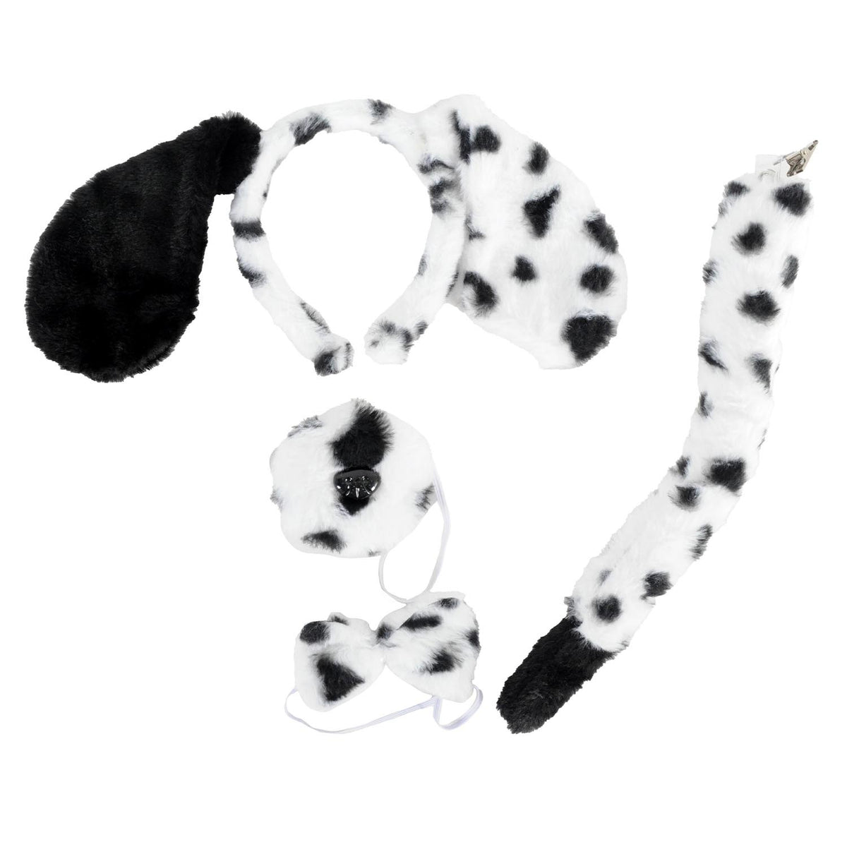 A black and white spotted faux-fur costume accessory set on a plain white background, including a long tail, a spotted headband with a black floppy ear, a round nose snout patch, and a bow tie.
