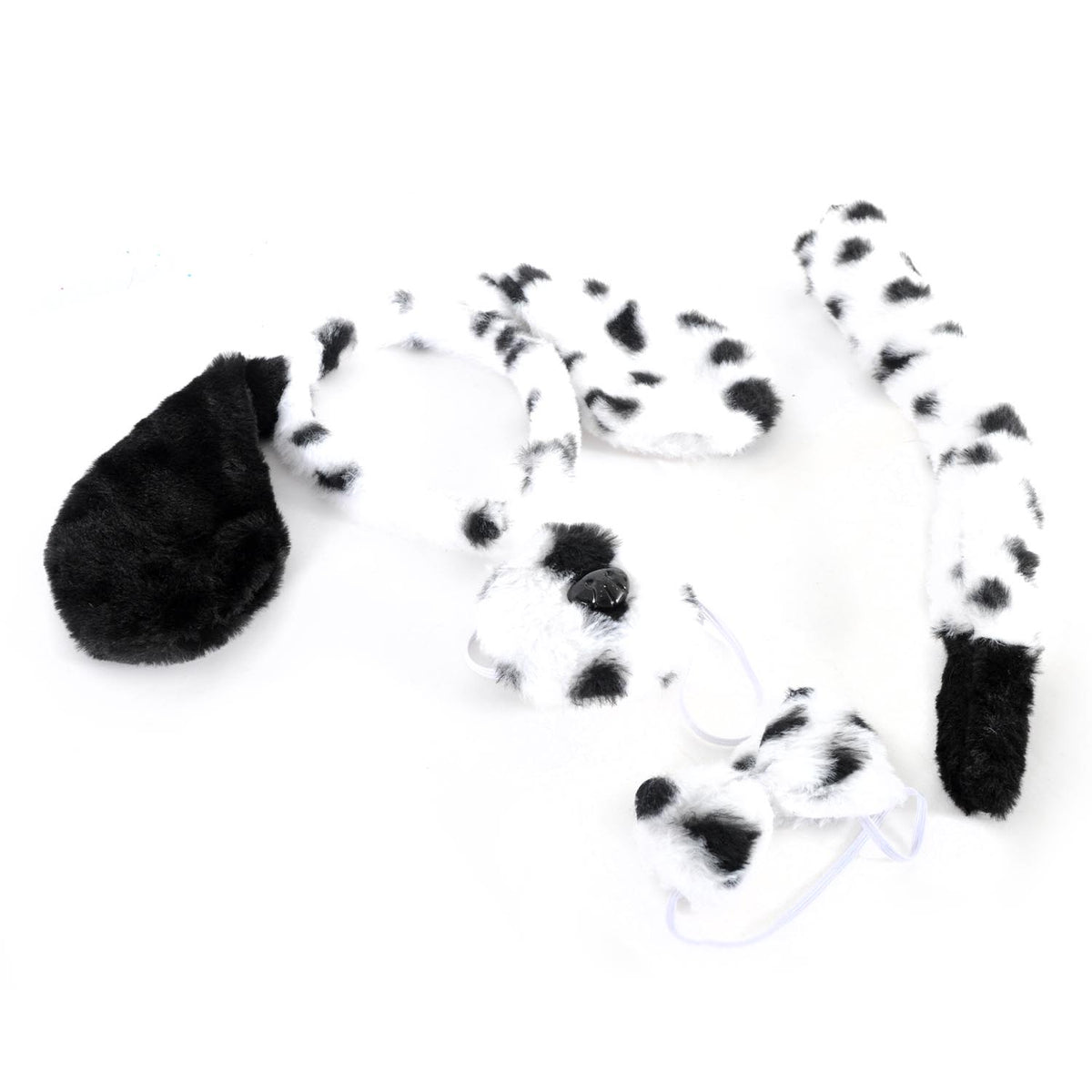 A plush animal tail costume accessory with a black-and-white spotted pattern, featuring a black furry tail, black and white furry ears, and dog nose and bow tie.