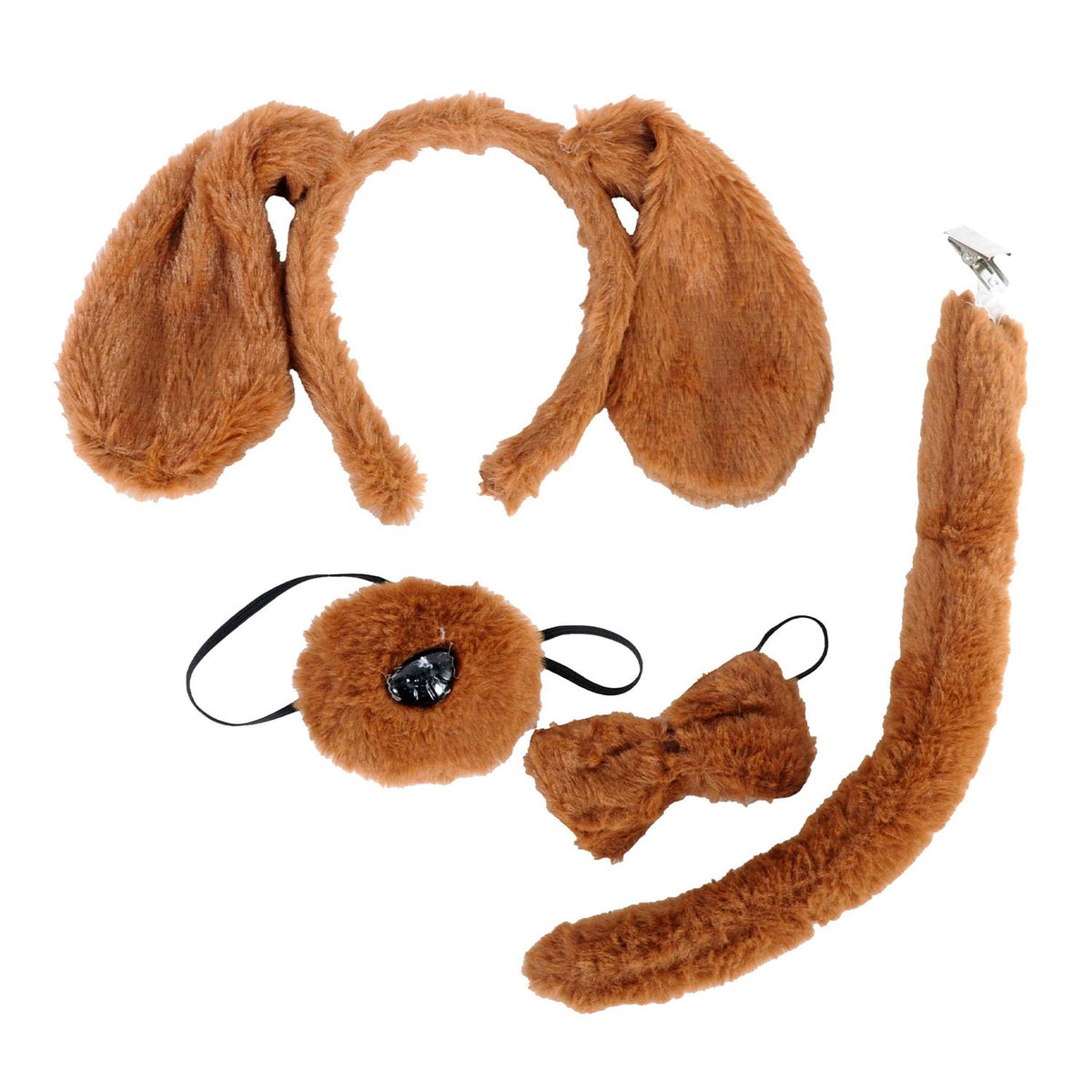 A brown faux fur costume accessory set including a long floppy tail with a metal clip, a pair of long floppy ears on a headband, a round plush patch with a black eye detail and elastic, a small plush bow, and a matching headband.