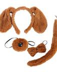 A brown faux fur costume accessory set including a long floppy tail with a metal clip, a pair of long floppy ears on a headband, a round plush patch with a black eye detail and elastic, a small plush bow, and a matching headband.