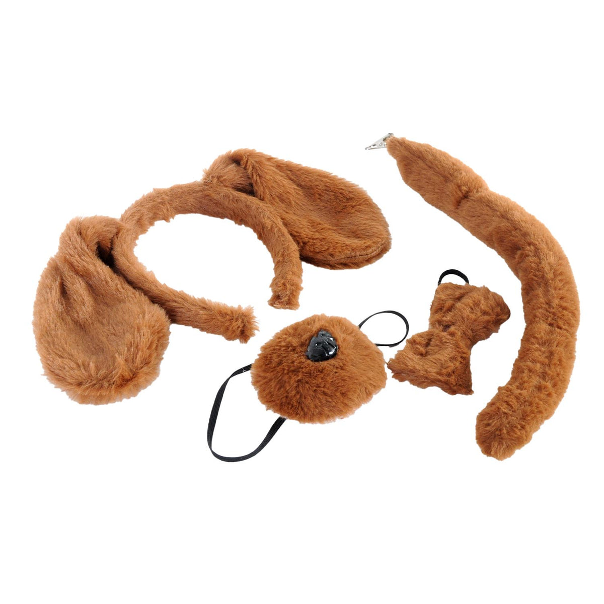 A brown furry costume accessory set on a plain white background, including bunny ears, a long tail, a plush nose mask with a black nose and black strap, and a small furry patch.