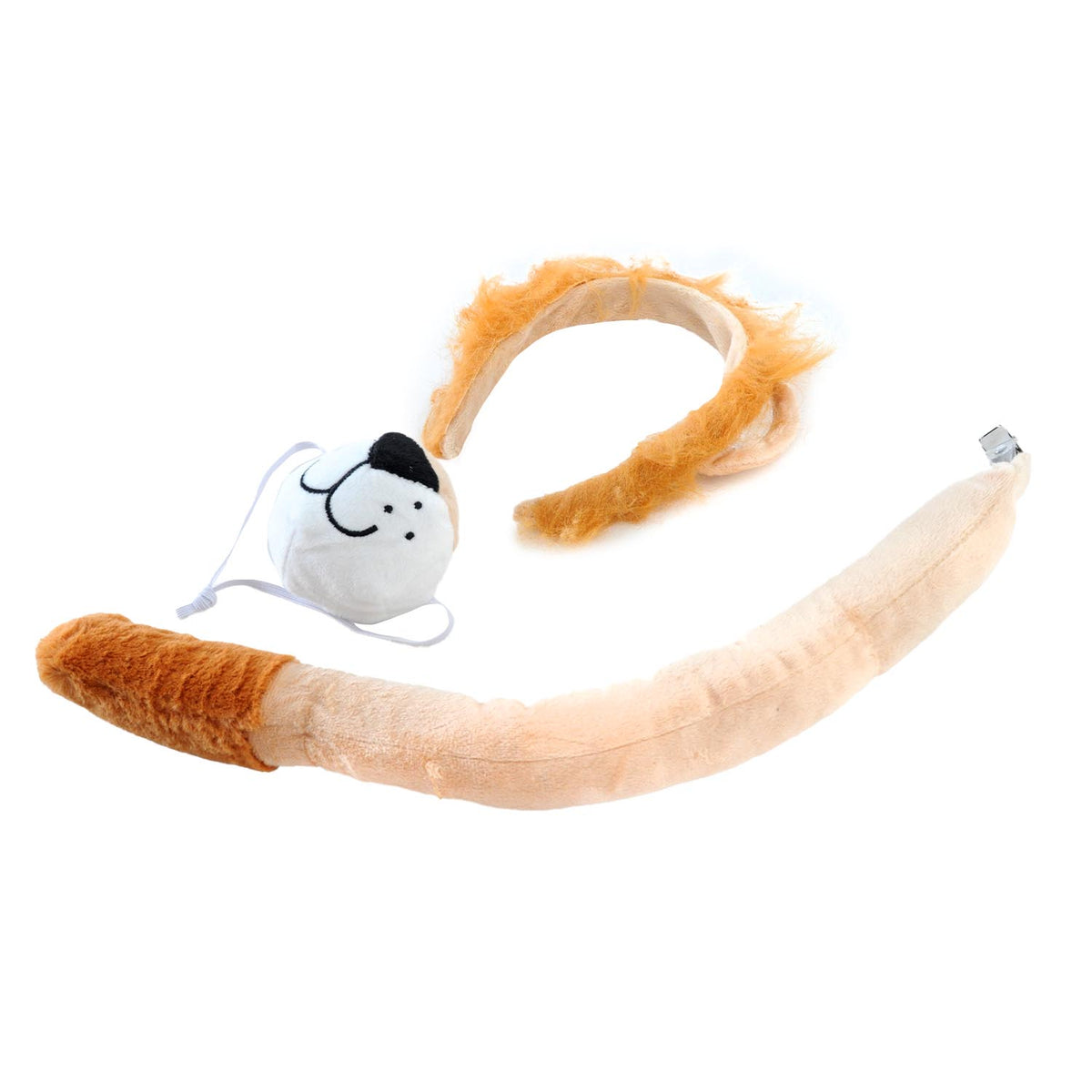 A novelty plush toy set consisting of a long curved beige and brown faux-fur body, a separate white plush head with a black face, and a tan fuzzy headband, photographed on a plain white background.