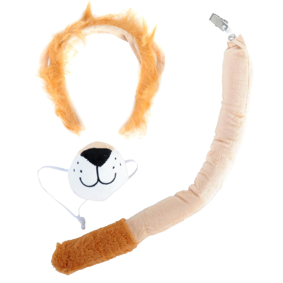A novelty costume accessory set featuring a fluffy orange lion mane headband, a beige faux-fur tail with a silver metal clip, and a white plush lion face mask with a black nose.