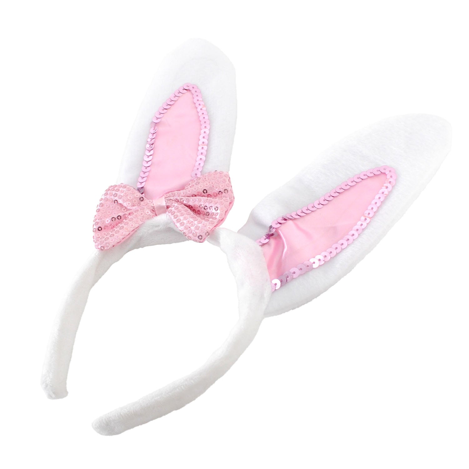 White bunny ears with pink sequin bow on a white background