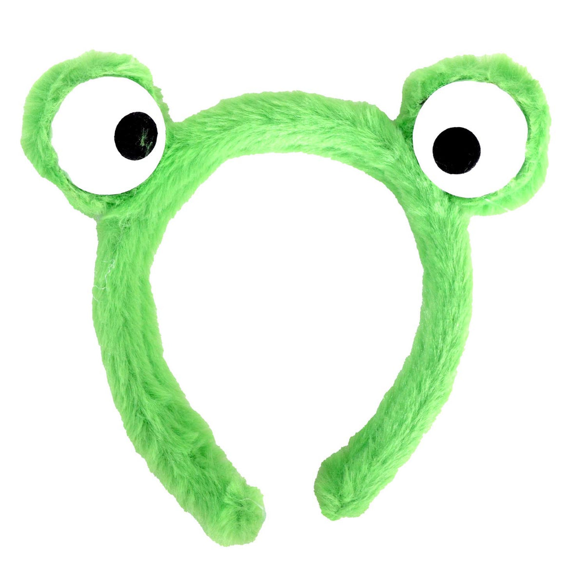 A bright green fuzzy frog headband with large cartoon eyes on a plain white background.