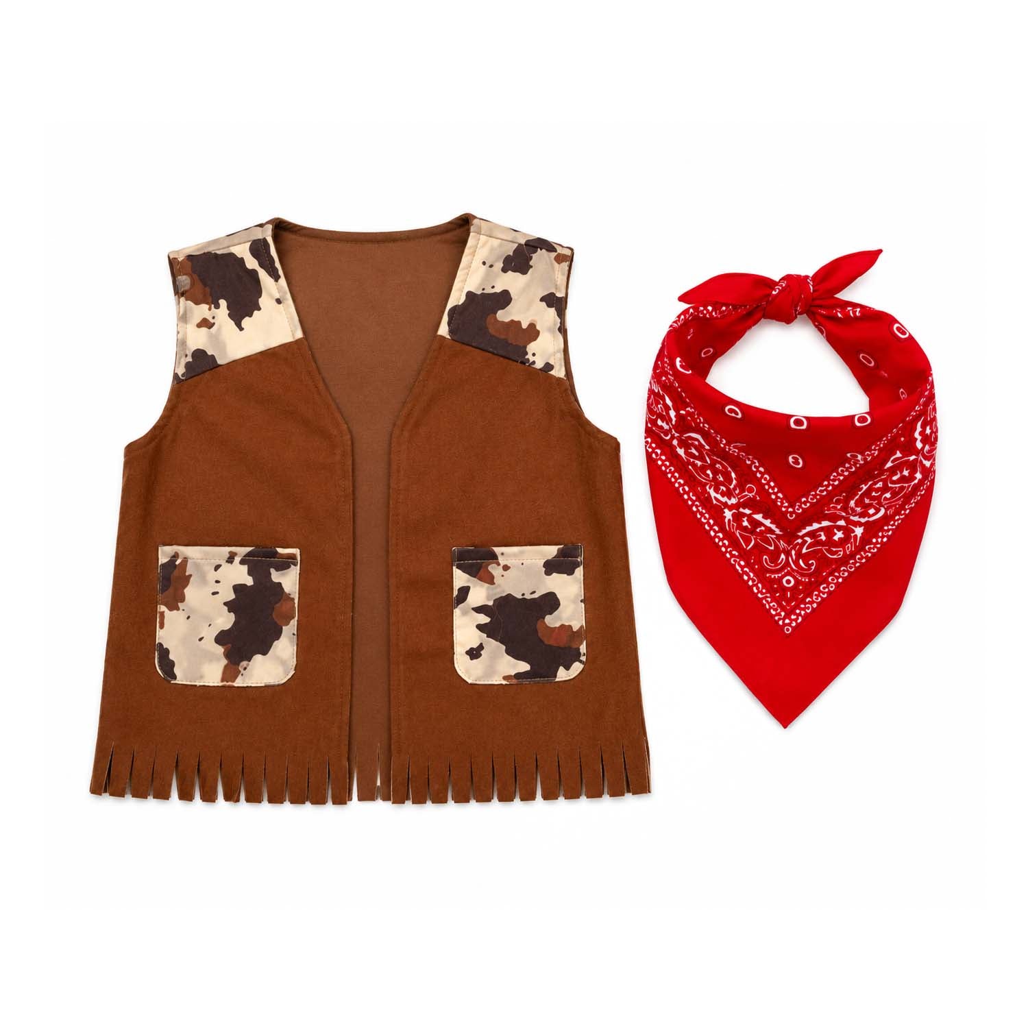 A children's brown faux-suede vest with cow-print trim and front pockets, shown next to a red bandana with white paisley print on a plain white background.