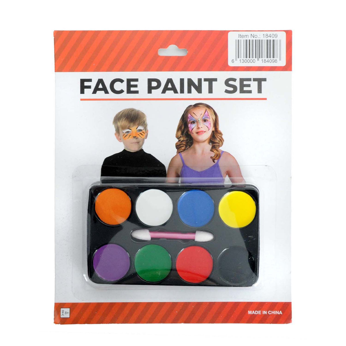 An 8-colour face paint set in retail blister packaging, featuring multiple round paint wells in orange, white, blue, yellow, purple, green, red, and black, plus a small pink-handled applicator. The package header reads 'FACE PAINT SET' with example face paint illustrations of a boy and a girl.