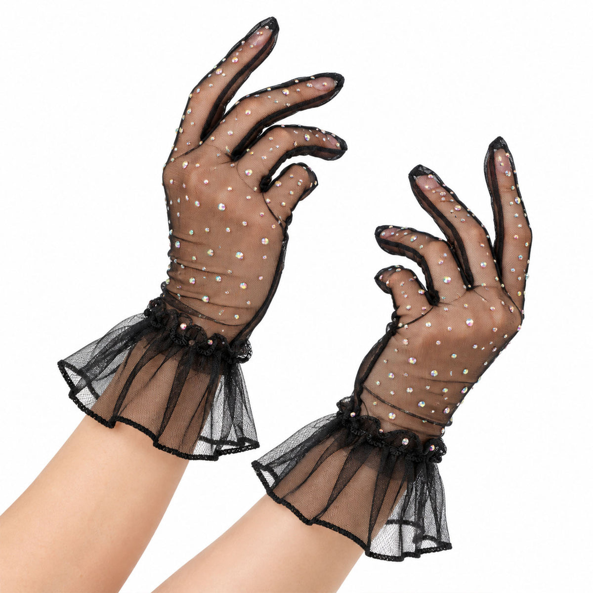 Black Mesh Diamanté Gloves