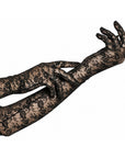 Black lace opera gloves worn on a model's arms, shown against a plain white background.