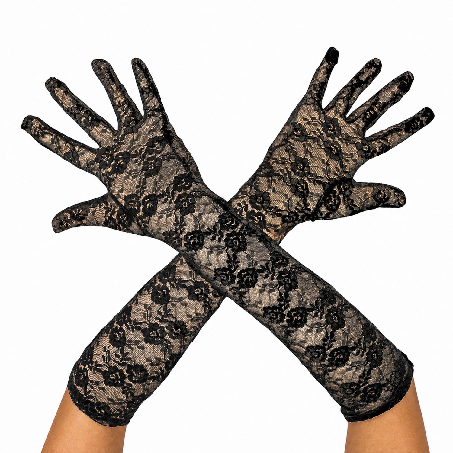 Black lace long gloves with floral patterns, shown worn on hands crossed in an X shape against a plain white background.