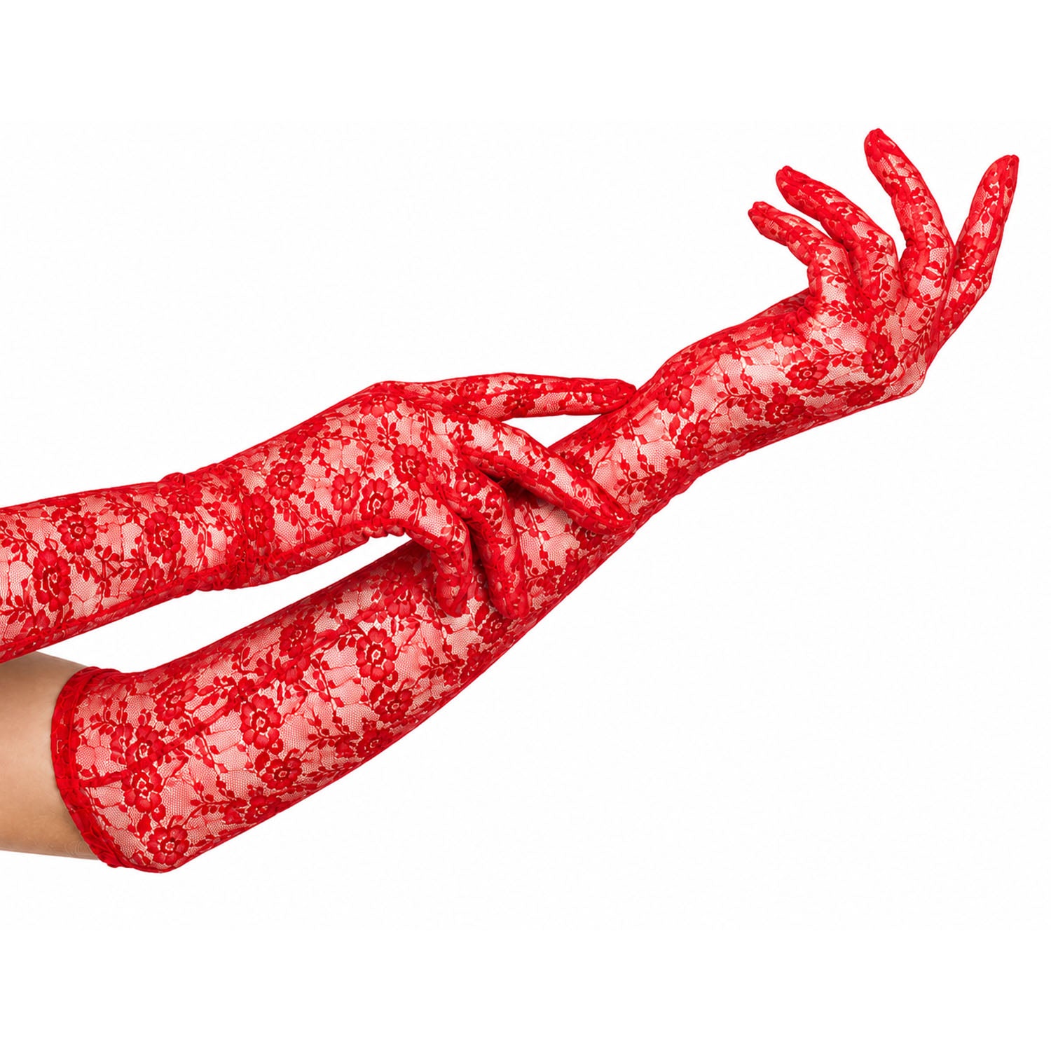 Red lace opera gloves worn on two arms, shown against a plain white background.