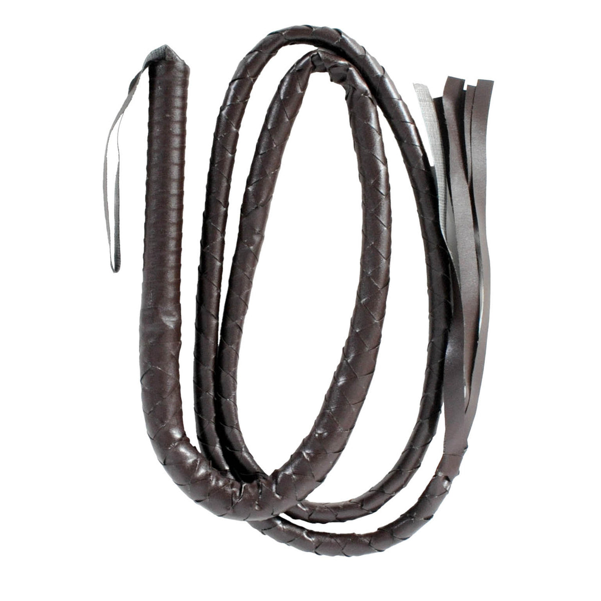 Dark brown braided leather whip with a textured handle and multiple thin leather tails, coiled on a plain white background.