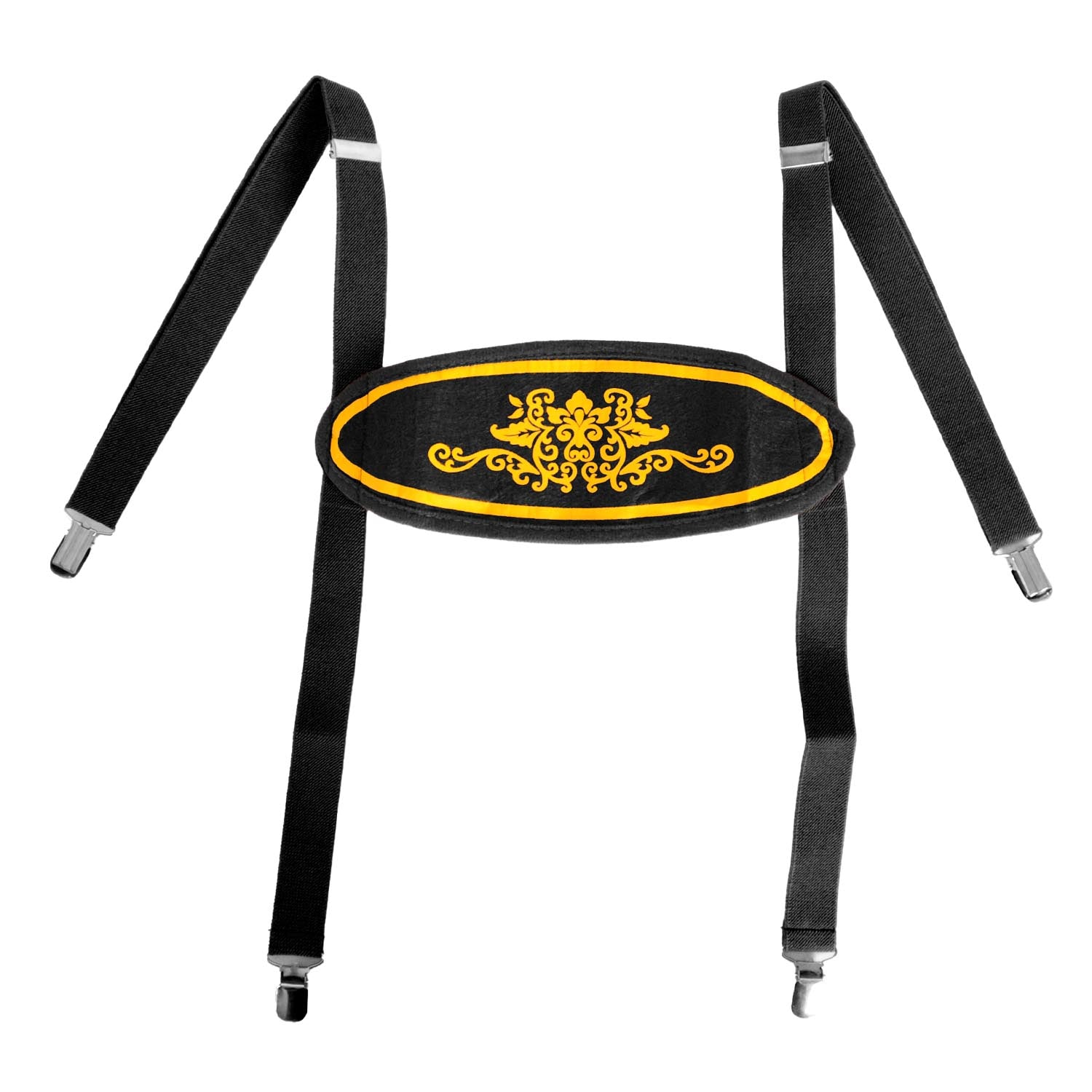 Black suspenders with silver metal clips and a black waistband featuring a yellow embroidered ornate crest, shown against a plain white background.