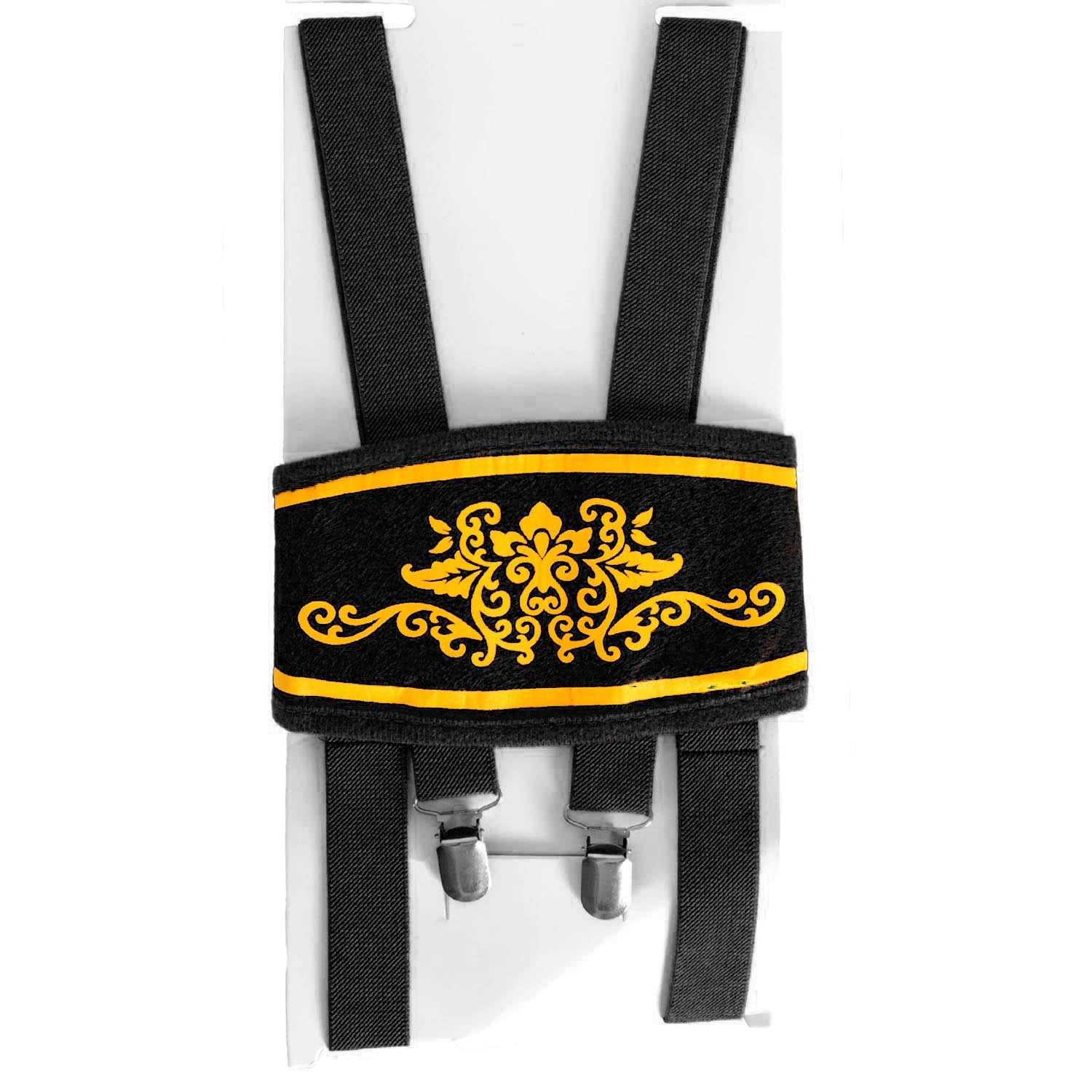Black fabric suspenders with a decorative yellow scrollwork pattern and yellow trim on the waistband, featuring silver metal clips.
