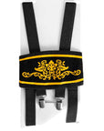 Black fabric suspenders with a decorative yellow scrollwork pattern and yellow trim on the waistband, featuring silver metal clips.
