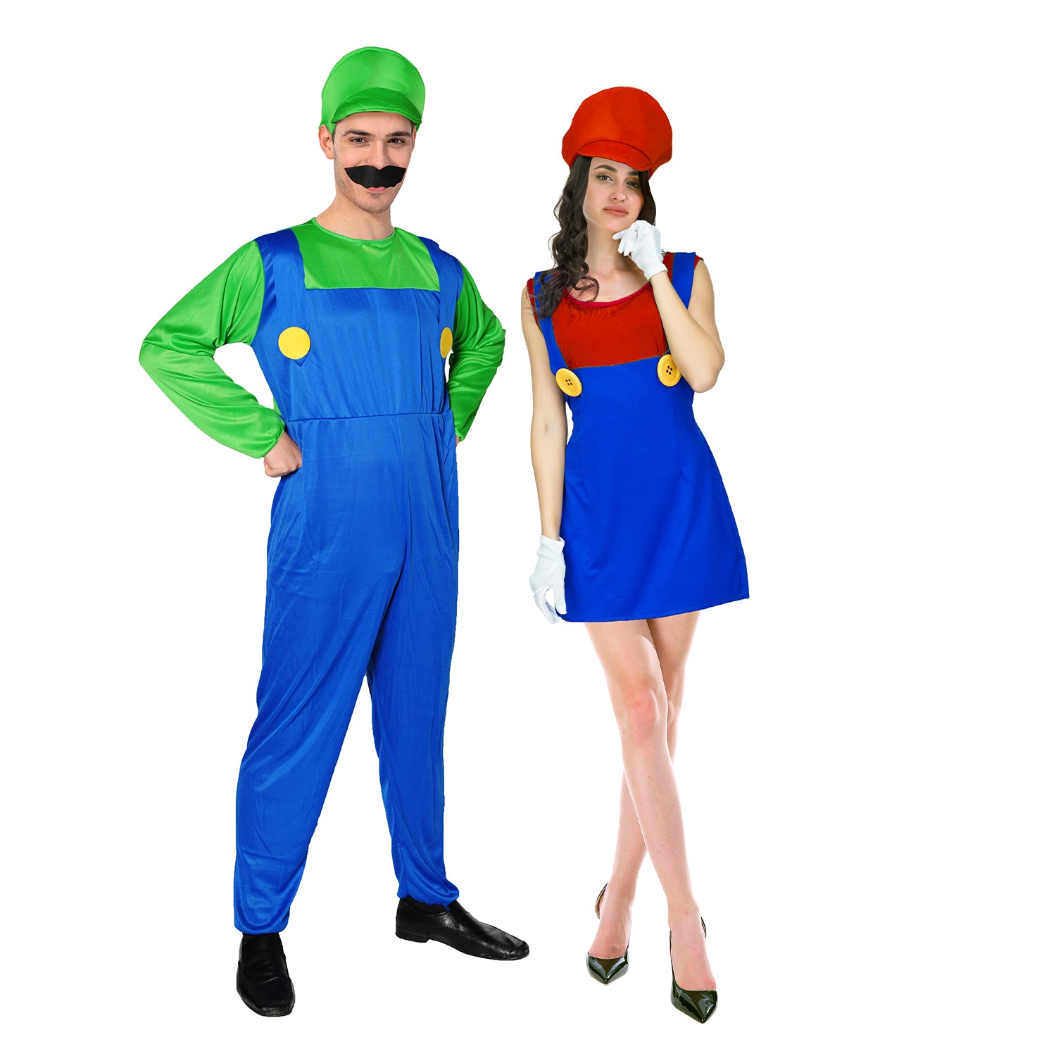 Adult Green Luigi &amp; Red Mario Couple Costume Set