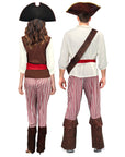 Two people wearing pirate costumes with a focus on the front and back views.