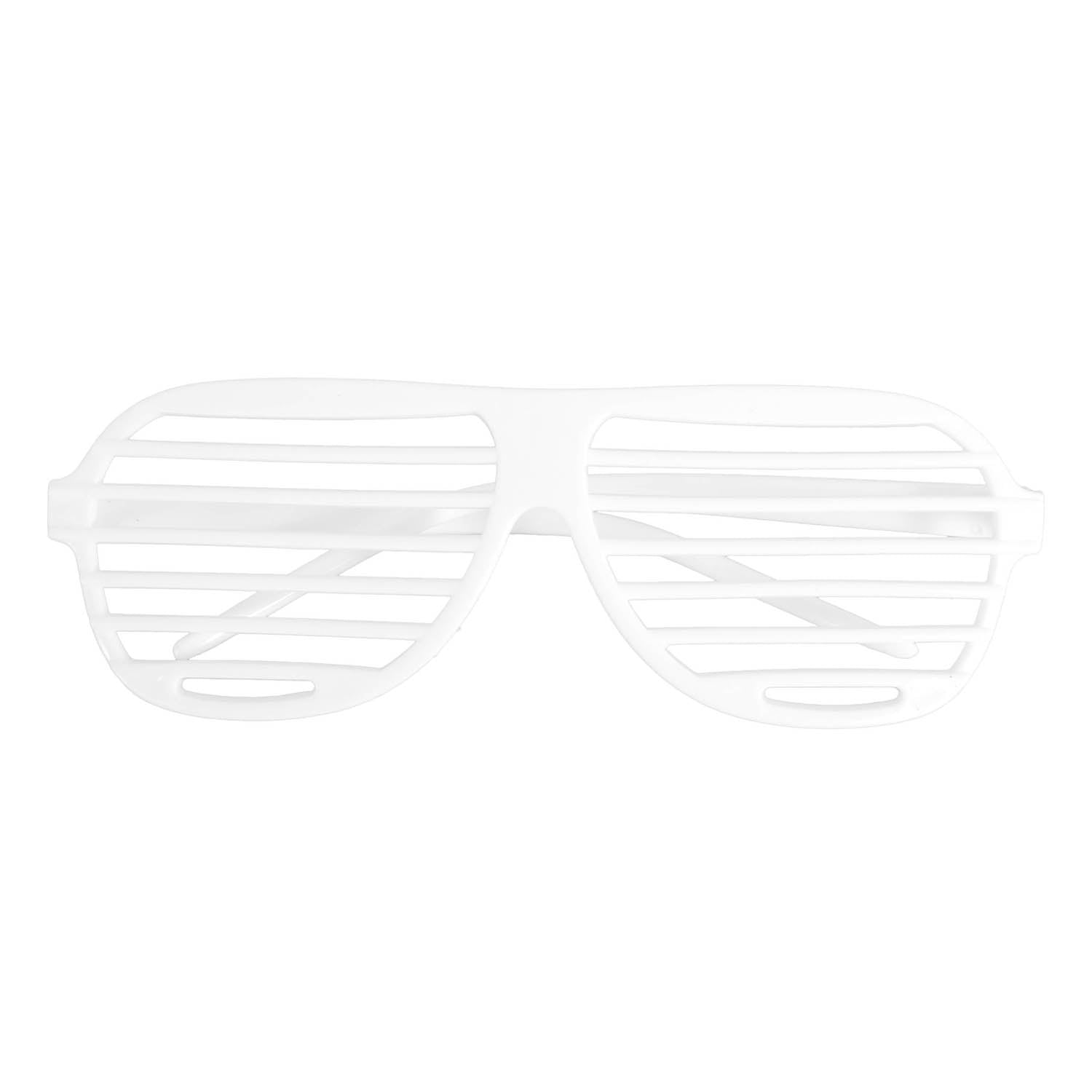 White plastic shutter glasses with a chunky frame and horizontal slats, shown against a plain white background.