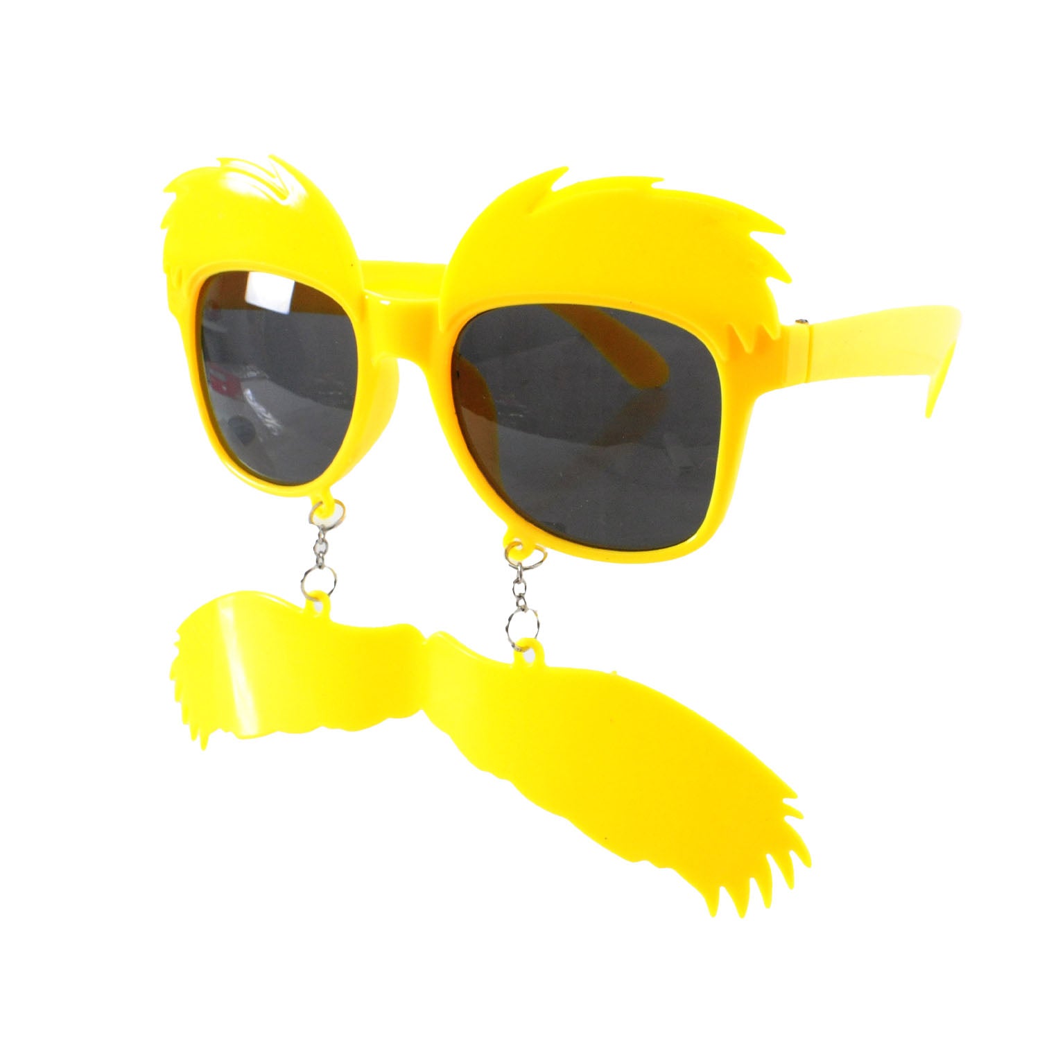 Yellow sunglasses with a mustache design on a white background