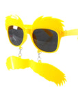 Yellow sunglasses with a mustache design on a white background