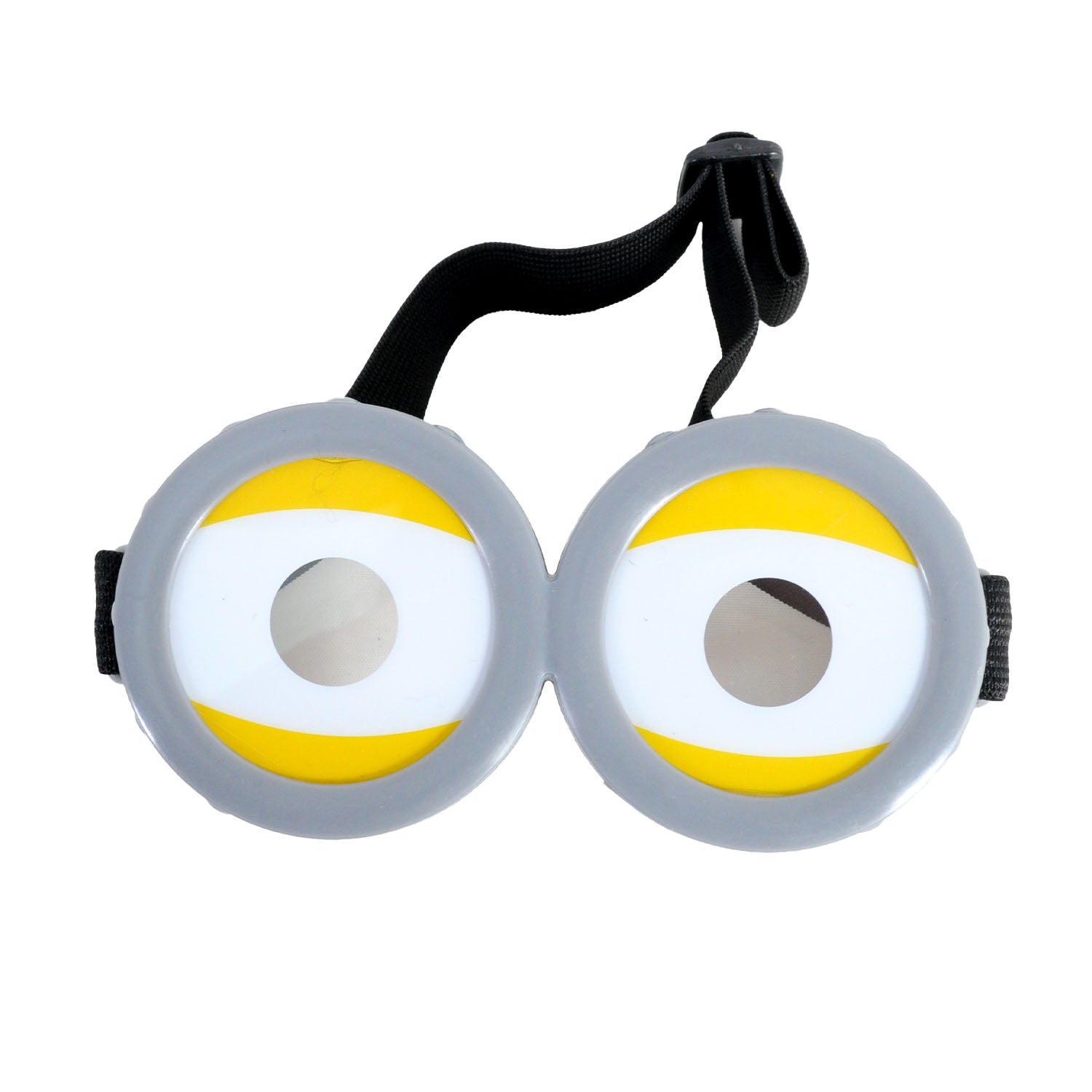 A pair of novelty costume goggles designed to look like cartoon eyes, featuring gray outer rims, white centers, yellow curved stripes, and a black adjustable strap, shown on a plain white background.