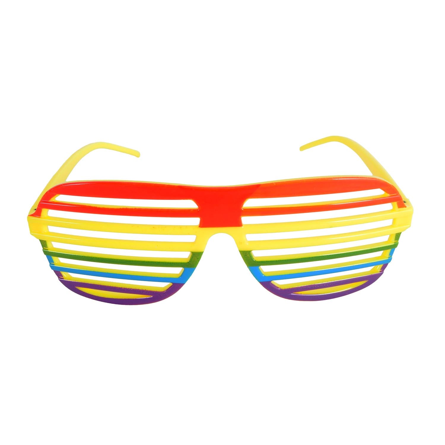Rainbow striped sunglasses with yellow frame on a white background