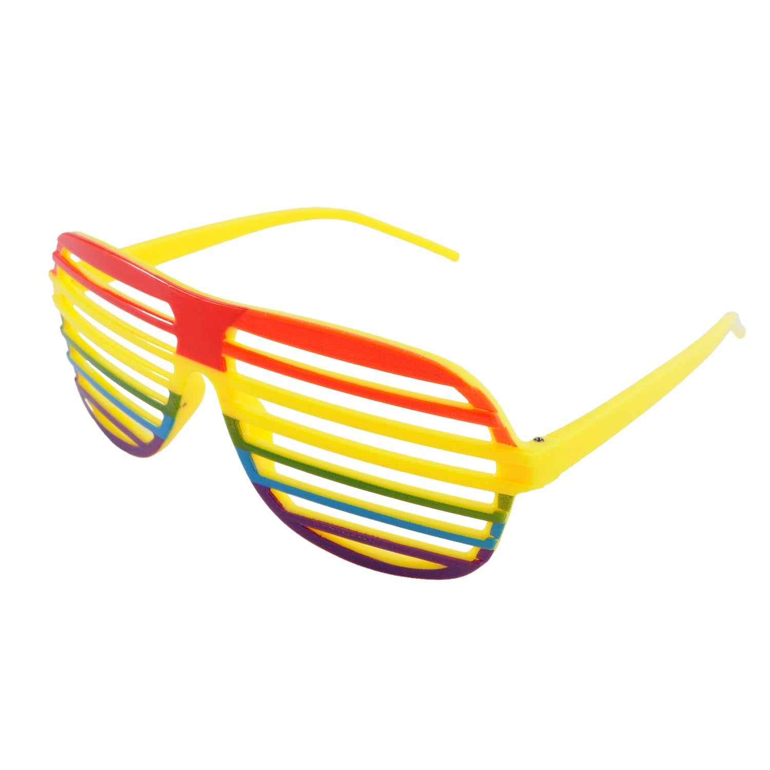 Colorful sunglasses with a rainbow design on a white background