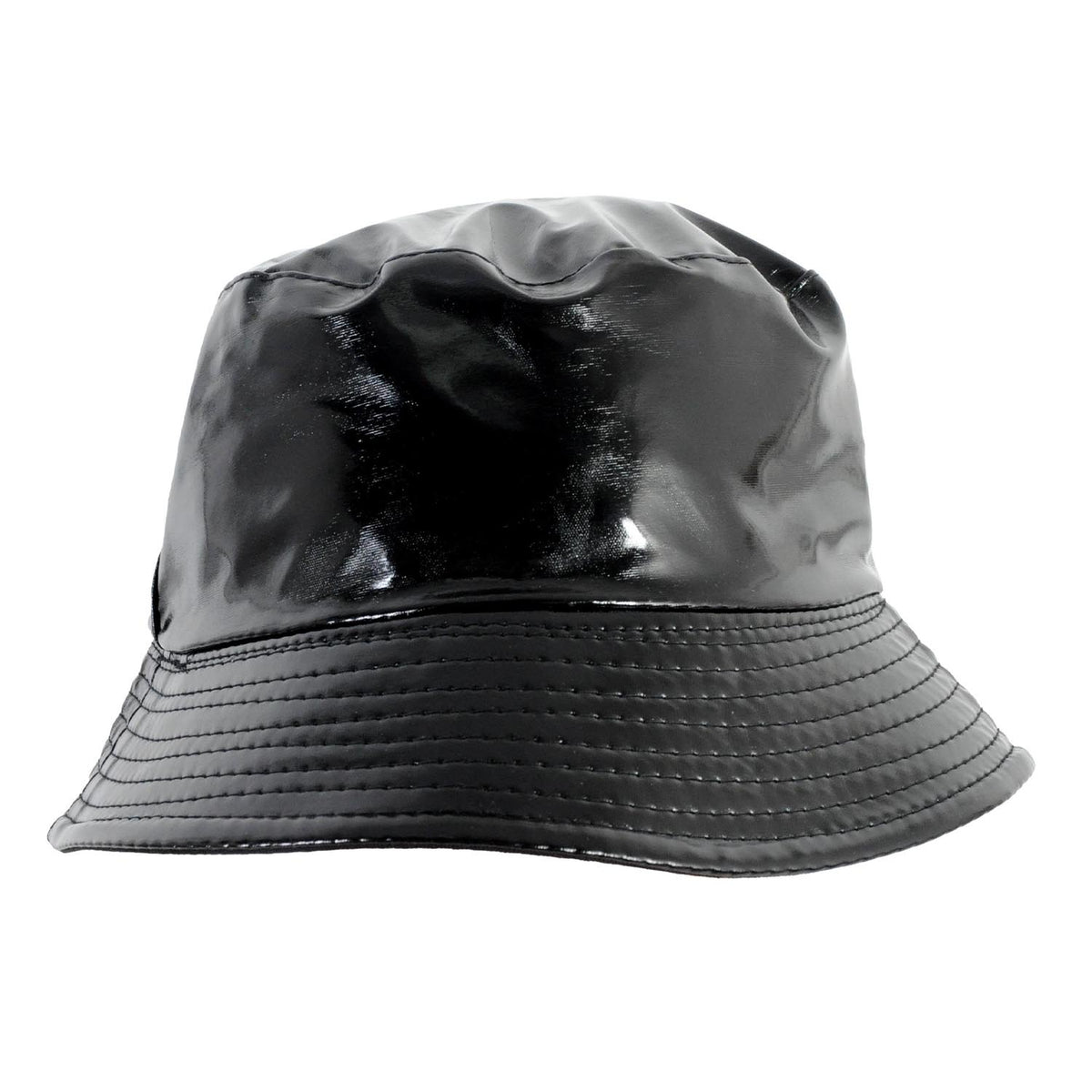 A metallic black bucket hat shown on a white background.