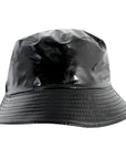 A metallic black bucket hat shown on a white background.