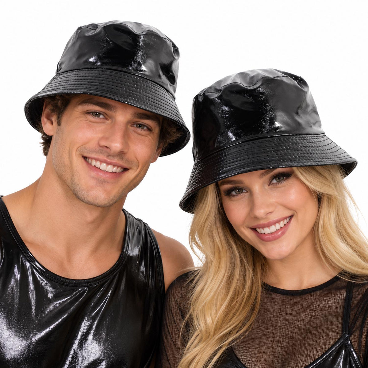 a man and a woman wearing metallic black bucket hats.