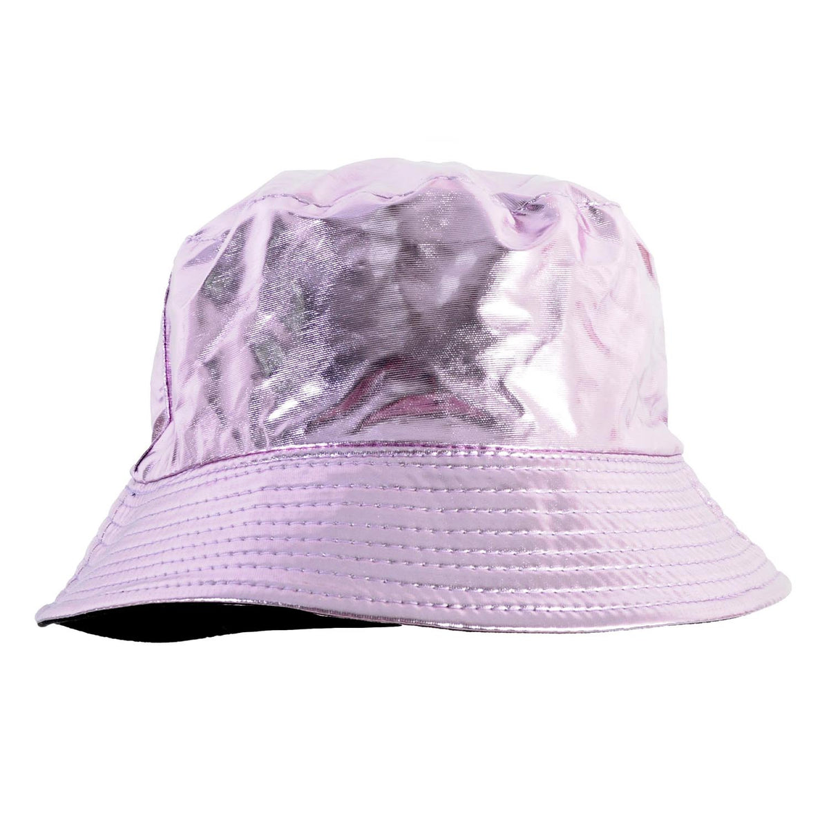 A shiny metallic pink bucket hat with a textured, crinkled finish and a stitched brim, shown against a plain white background.